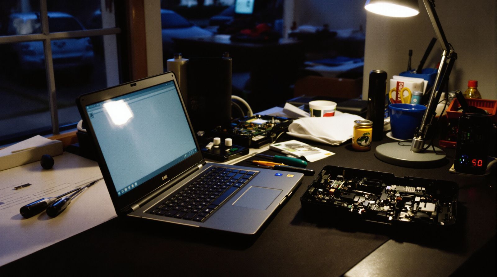 PLACEHOLDER — shot list for the real photographer: a small independent computer repair bench, laptop opened with the back off, screwdrivers and a parts tray, anti static mat, desk lamp, evening