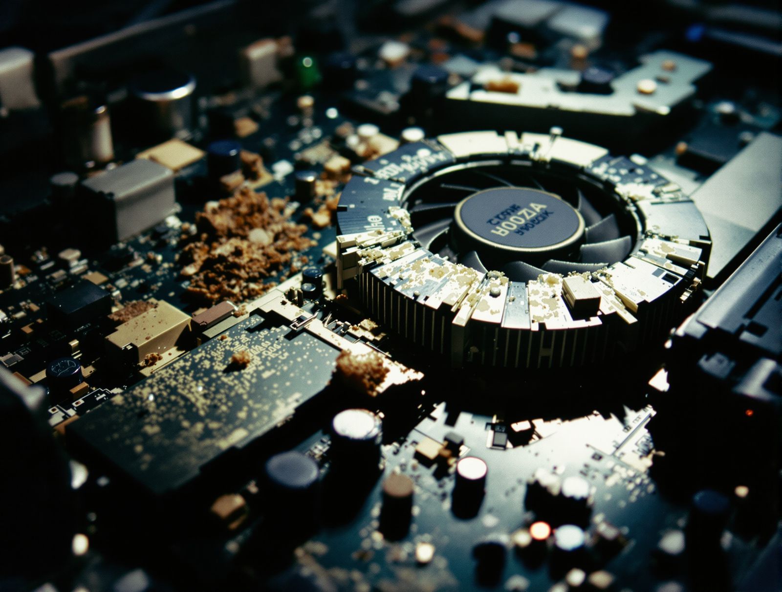 PLACEHOLDER — shot list for the real photographer: an extreme close up of a laptop motherboard with the heatsink removed, dried thermal paste, capacitors, shot under a bench lamp